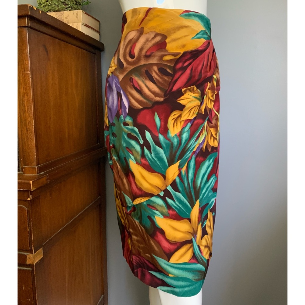 Vintage Linda Allard X Ellen Tracy Tropical Print Silk Skirt, Size 10